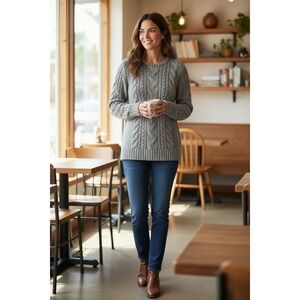 L.L.Bean Women's Grey Cable Knit Crew Neck Cotton Sweater Size‎ Small